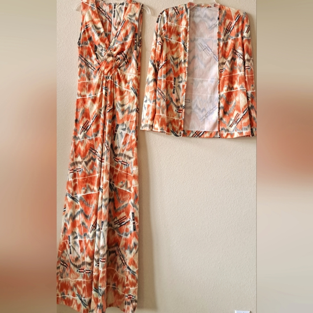 Maxi dress with matching jacket, multi colored orange/tan/green, size small